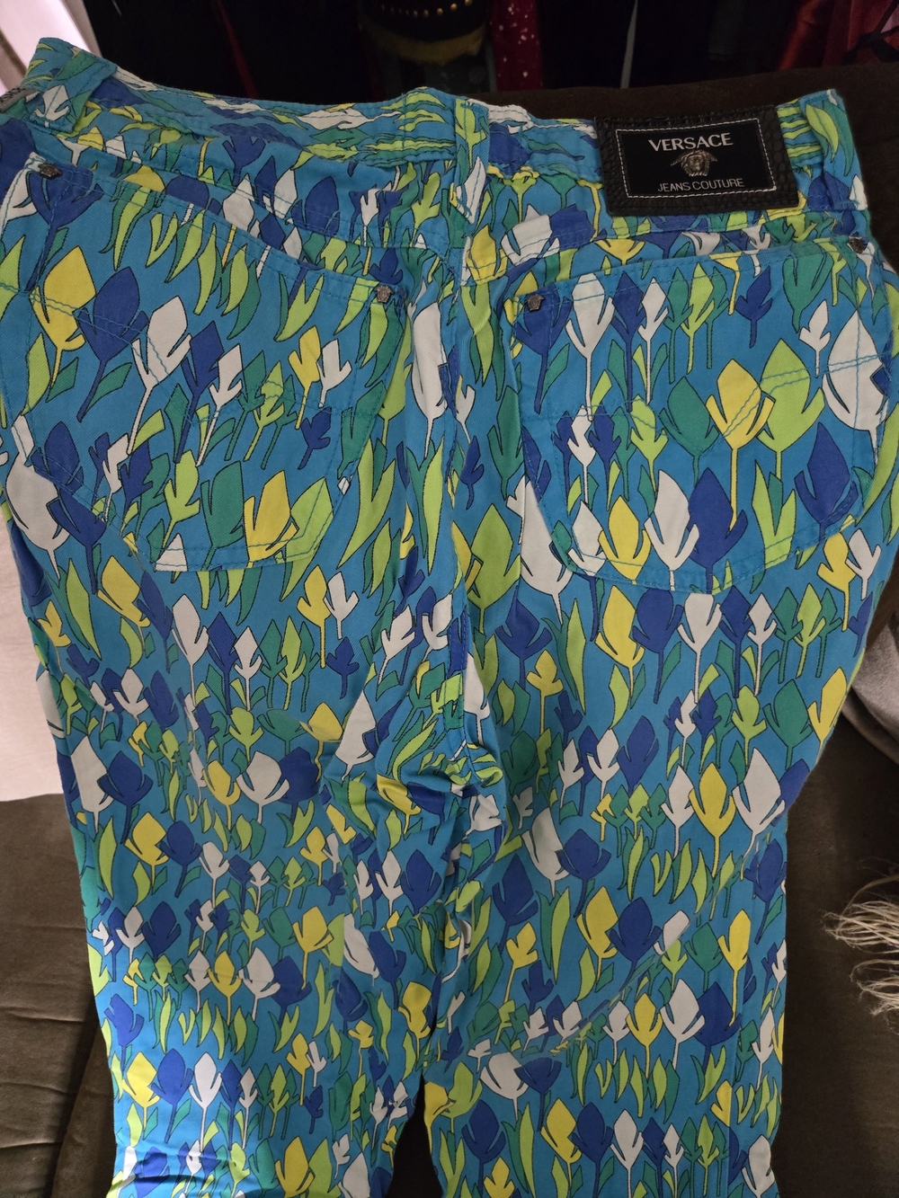 Versace Blue Floral Print Pants with Yellow & White Accents